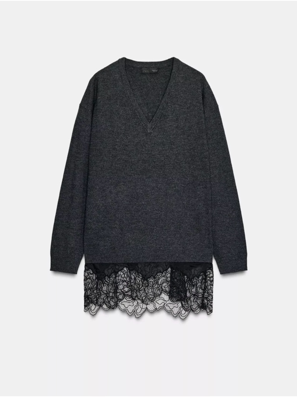Zara - V Neck Lace-Hem Sweater Dress - Charcoal